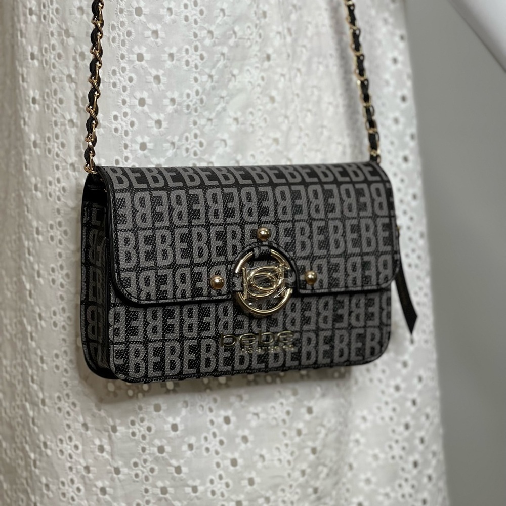 Bebe Womens crossbosy Bag black crossbody bag black gray Gold charm kira logo